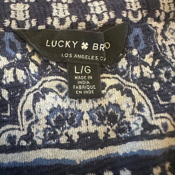 Lucky Brand Large Womens Short Sleeve Blue Shirt Blouse Patterned Print Bohemian - Picture 2 of 5